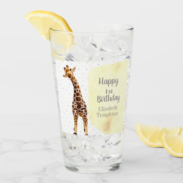Verre Cute Giraffe Safari Wild Jaune 1ère fête d'anniver (Devant glace)