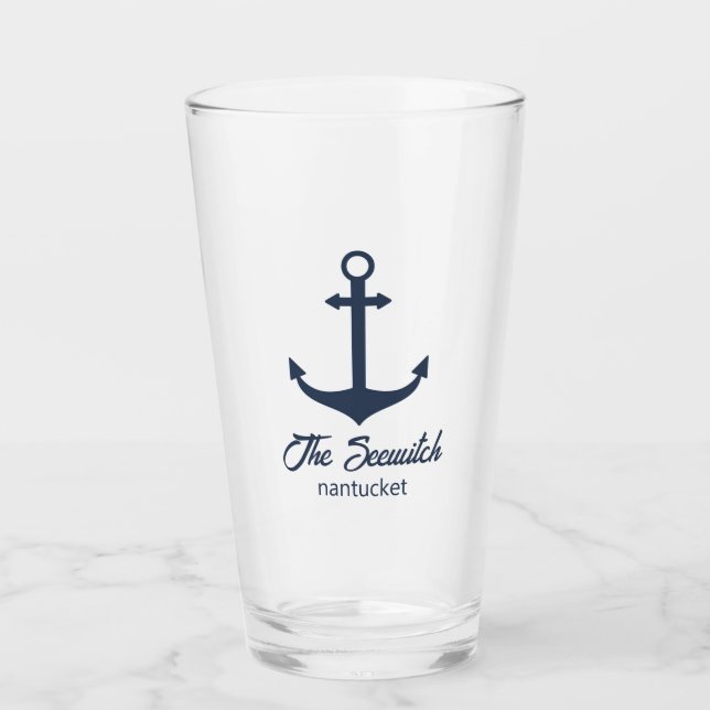 Verre de bière customisé - Ancre de bateau bleu (Devant)