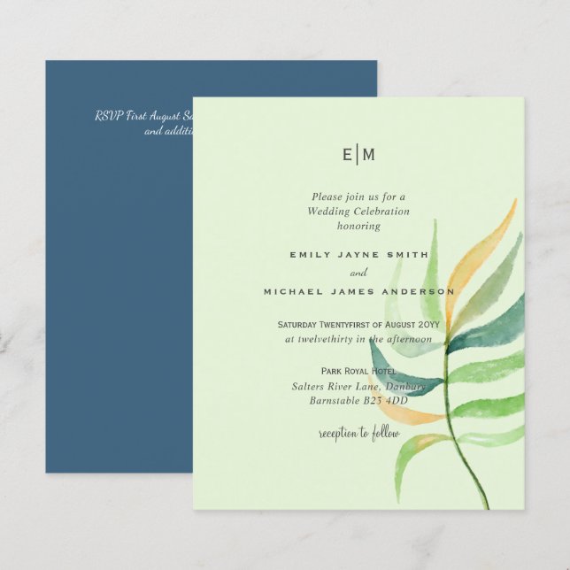 Verre de mer Vert Bleu Mariage de feuille tropical (Devant / Derrière)