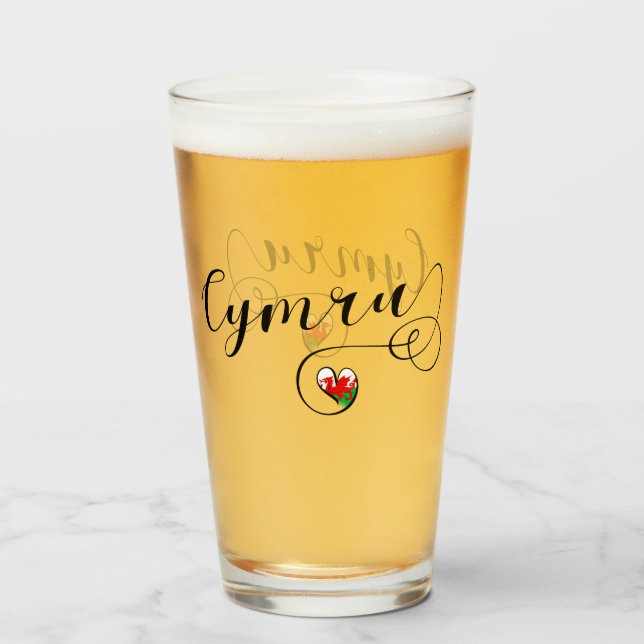 Verre Drapeau Cymru Pays de Galles dans le cœur (Devant (rempli))