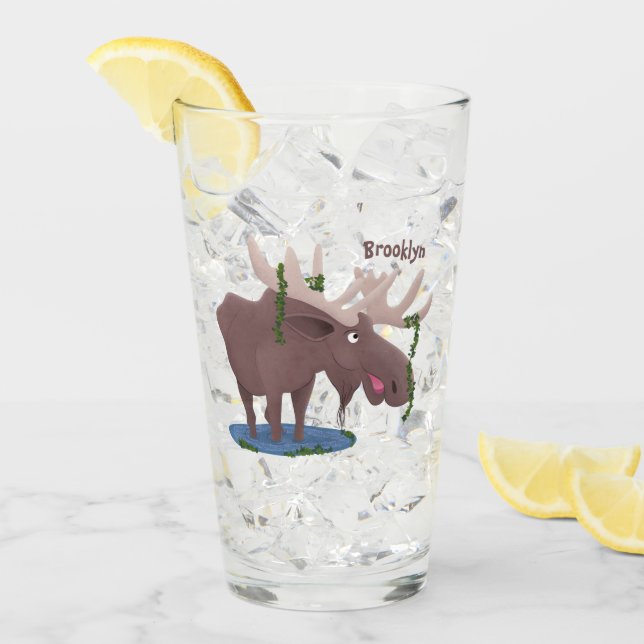 Verre Drôle dessin animé d'orignal heureux (Devant glace)
