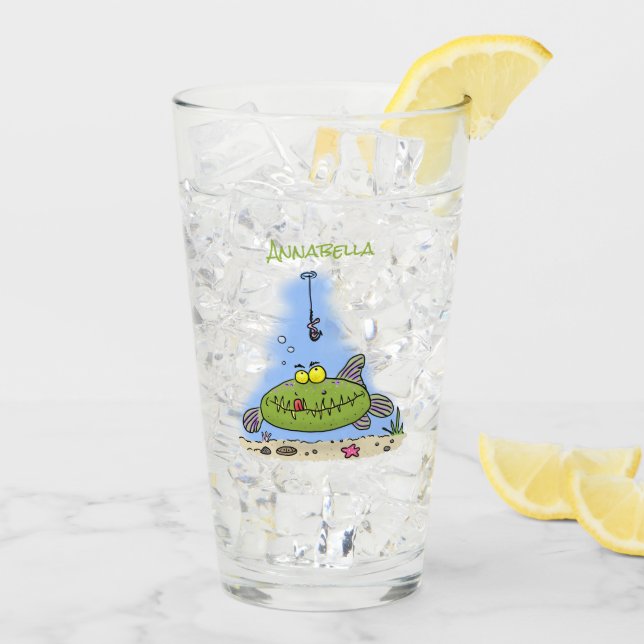 Verre Drôle gras affamé poisson vert dessin de pêche (Dos glace)