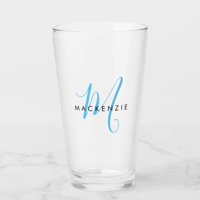 Verre Élégant Sky Blue Script Monogram moderne (Devant)