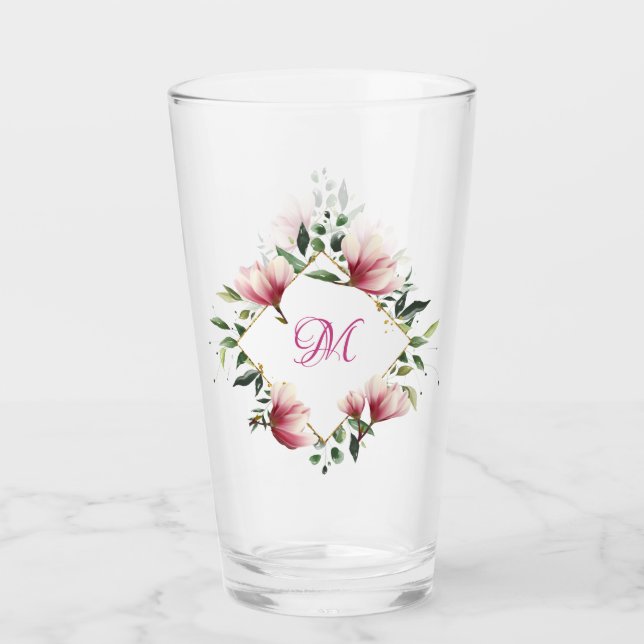 Verre Élégant Victorien rose Floral Frontière Monogramme (Devant)