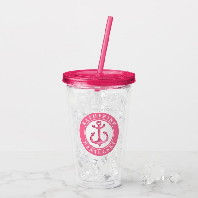 Verre En Acrylique Ancre nautique rose personnalisée (Dos glace)