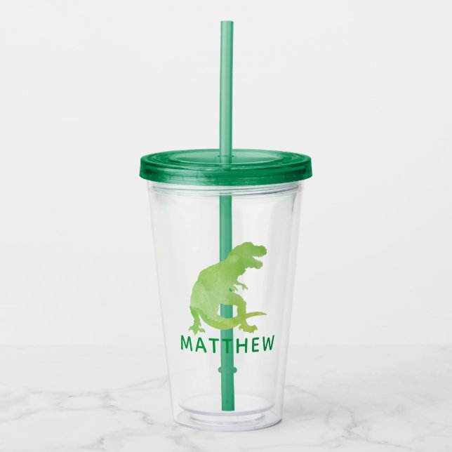 Verre En Acrylique Aquarelle Dinosaure Enfants T-Rex vert personnalis (Devant)