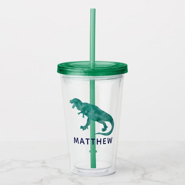 Verre En Acrylique Aquarelle Dinosaure Kids Personnalisé Dino Vert (Devant)