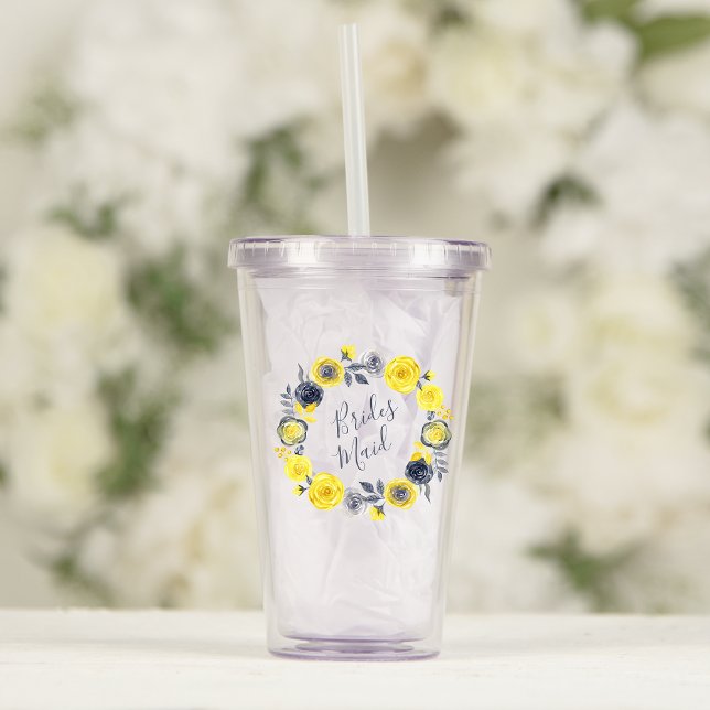 Verre En Acrylique Aquarelle Gris Jaune Floral Mariage (Créateur téléchargé)