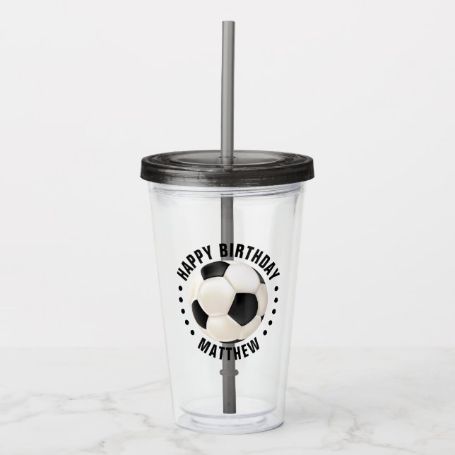 Verre En Acrylique Bal de soccer heureux Anniversaire Nom (Devant)
