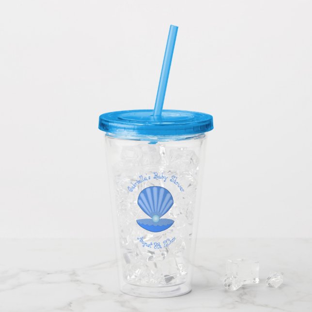Verre En Acrylique Bébé bleu Coquille d'huîtres et Baby shower Pearl (Dos glace)