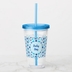 Verre En Acrylique Bébé bleu Papillons et fleurs personnalisés