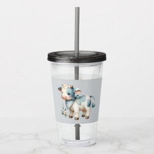 Verre En Acrylique Bébé Vache Gingham Bleu Pastel Esthétique Ferme