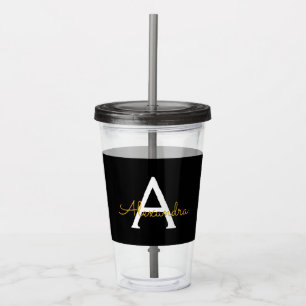Verre En Acrylique Black Gold Modern Script Nom du monogramme de la f