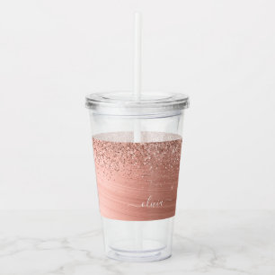 Verre En Acrylique Brushed metal rose Gold Pink Glitter Monogram