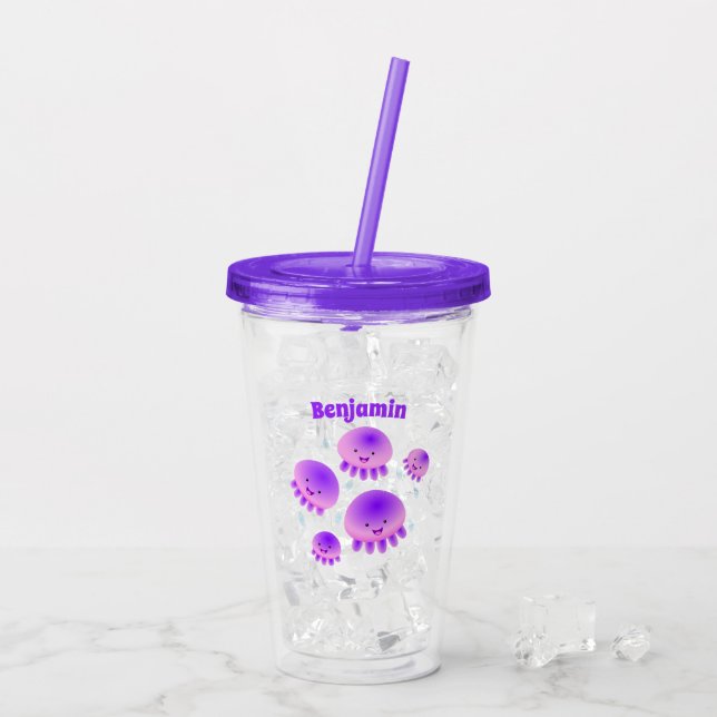 Verre En Acrylique Caricature kawaii de méduse violette rose mou (Dos glace)