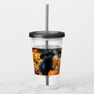 Verre En Acrylique Chat noir d'Halloween et Citrouille