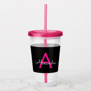 Verre En Acrylique Chaud rose noir Script Girl Nom du monogramme