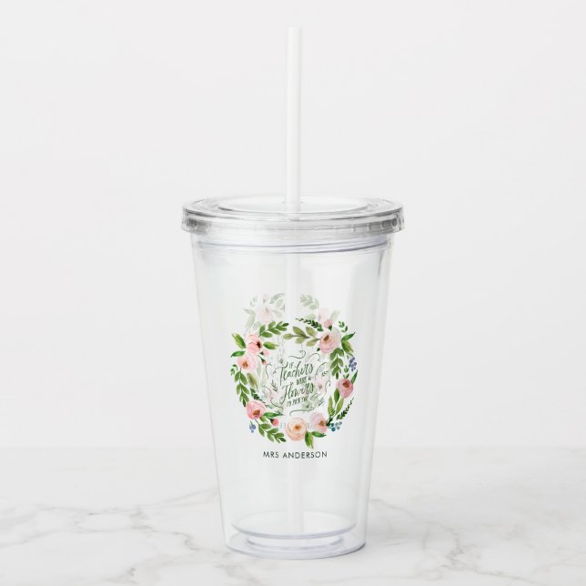Verre En Acrylique Chemise florale rose pâle Merci à l'enseignant cad (Devant)