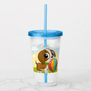 Verre En Acrylique Chien de dessin animé tenant un ballon coloré