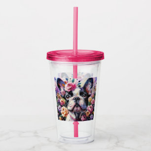 Verre En Acrylique Chien Rose Floral Rose Blanc Noir Blanc