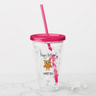 Verre En Acrylique Chouette orange mignonne joyeux anniversaire