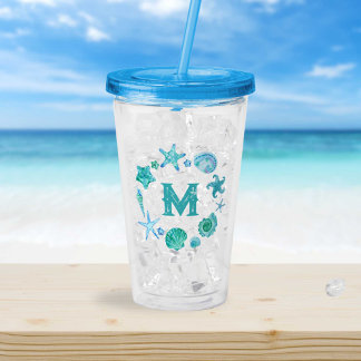 Verre En Acrylique Coastal Ocean Blue Seashells et Starfish Monogramm