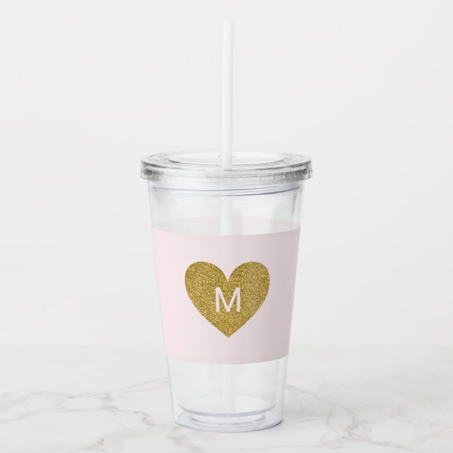 Verre En Acrylique Coeur doré moderne Monogramme personnalisé rose (Devant)