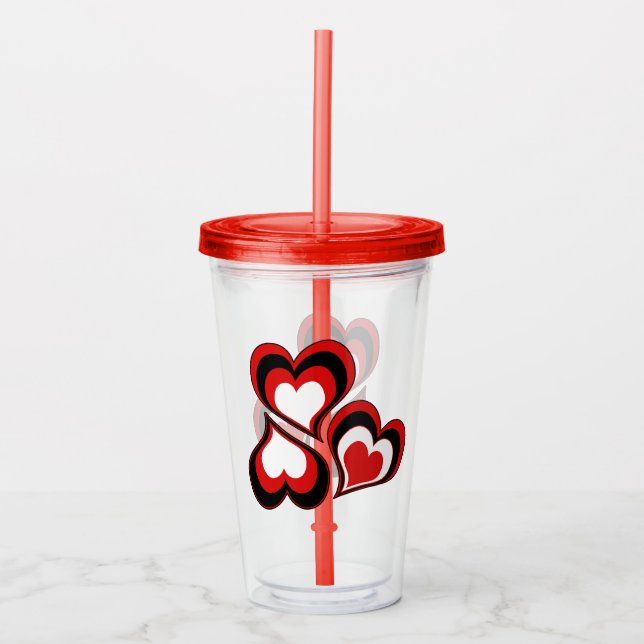 Verre En Acrylique Coeurs, rouge, noir, blanc, Saint Valentin. (Devant)