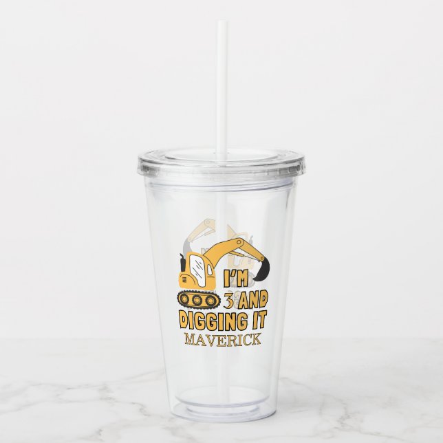 Verre En Acrylique Construction Garçons Jaunes Camion de vidage Anniv (Devant)