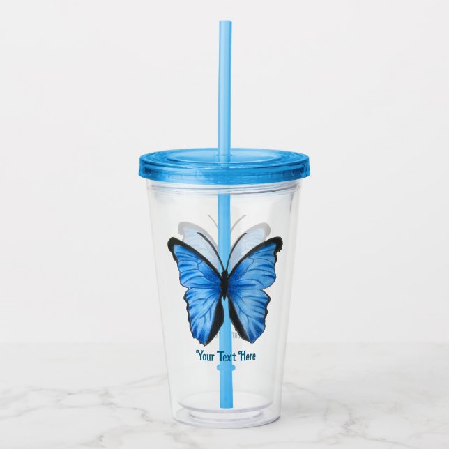 Verre En Acrylique Création de papillon bleu de texte personnalisé (Devant)
