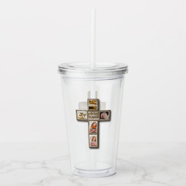 Verre En Acrylique Croix Rustique Bois Première Sainte Communion Phot (Devant)