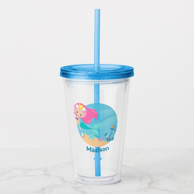 Verre En Acrylique Cute Mermaid Girl Beach Anniversaire Fête Enfants  (Devant)