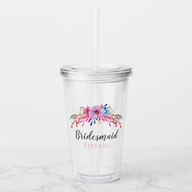 Verre En Acrylique Demoiselle d'honneur Fleurs Personnalisé (Devant)