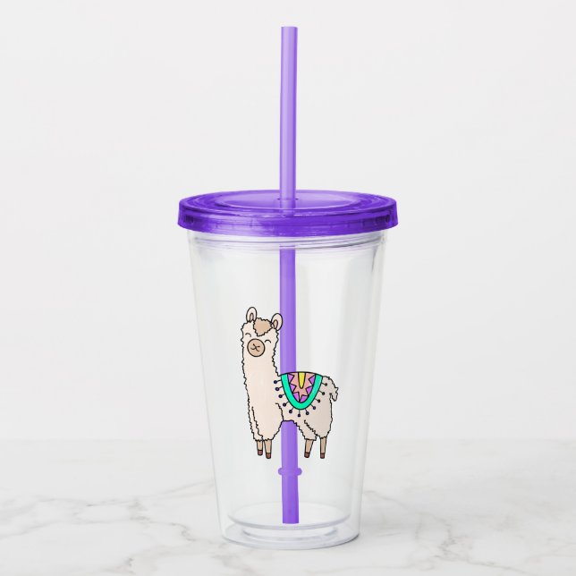 Verre En Acrylique dessin animé de llama alpaga souriant (Devant)