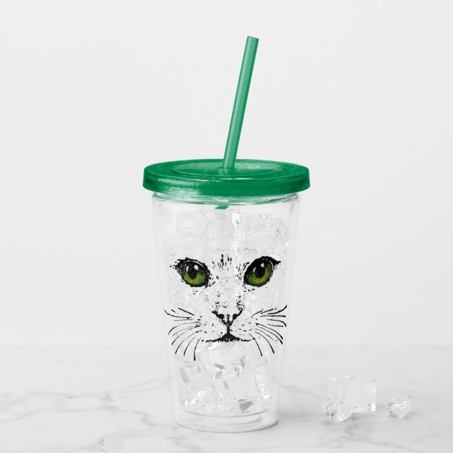Verre En Acrylique Dessin noir des Whiskers Visage de chat Yeux verts (Dos glace)