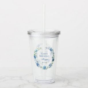 Verre En Acrylique Elégant Floral Bleu Joyeux anniversaire
