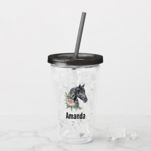 Verre En Acrylique Elégante tête de Cheval Noir avec Fleurs Aquarelle