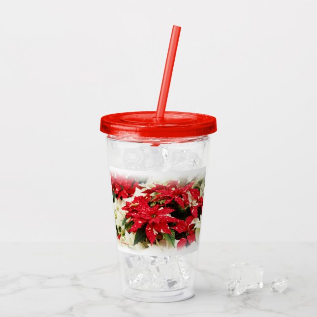 Verre En Acrylique Festive Rouge Blanc Floral Poinsettia Fleurs (Dos glace)