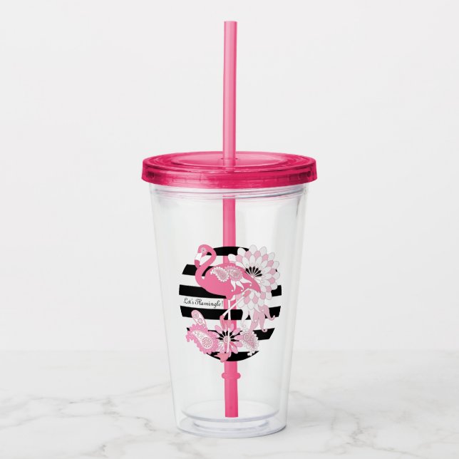 Verre En Acrylique Flamant rose moderne personnalisé noir rayé rose (Devant)