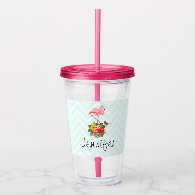 Verre En Acrylique Flamant rose rose & Hibiscus Tropical Fancy (Devant)