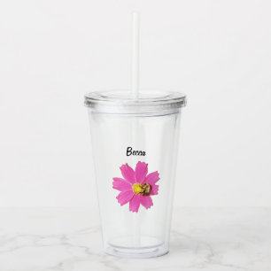 Verre En Acrylique Fleur de cosmos rose vif avec une abeille personna