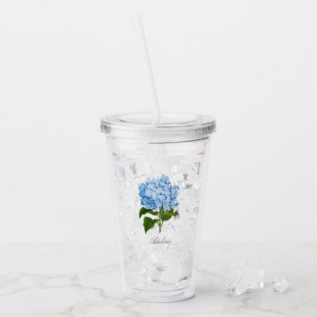 Verre En Acrylique Fleur d'hortensia bleue classique avec nom (Devant glace)