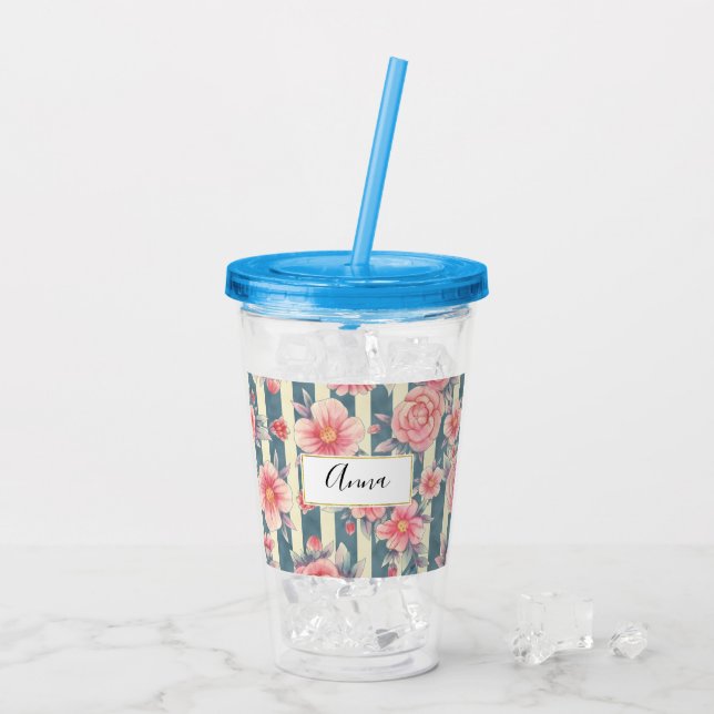 Verre En Acrylique Fleurs d'aquarelle rose sur bandes (Dos glace)