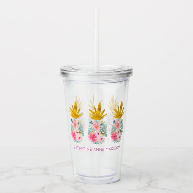 Verre En Acrylique Fleurs tropicales roses et ananas (Devant)