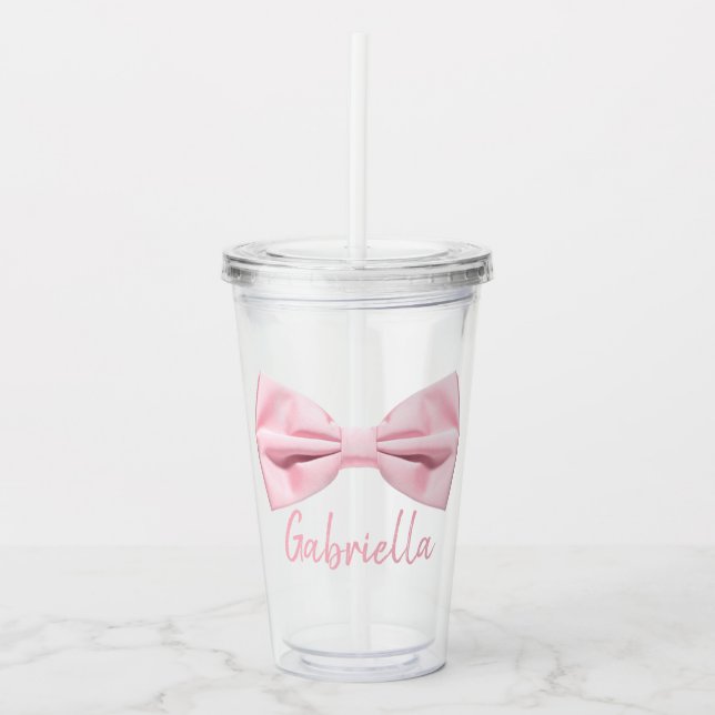 Verre En Acrylique Girly Pink Bow With Name Preppy Custom 16oz, Clear (Devant)