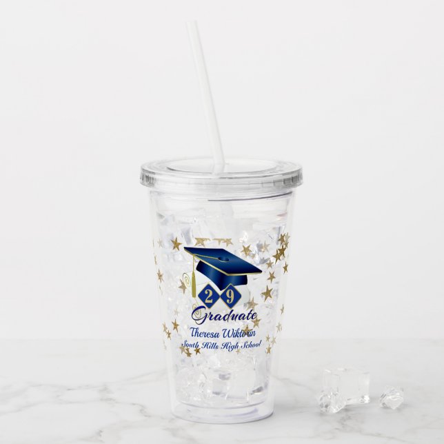 Verre En Acrylique Graduation Blue Gold Stars Personnalisé (Devant glace)
