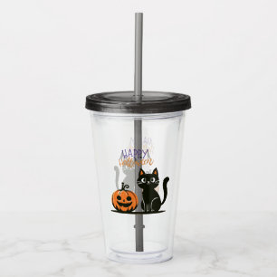 Verre En Acrylique Happy Halloween chat et citrouille