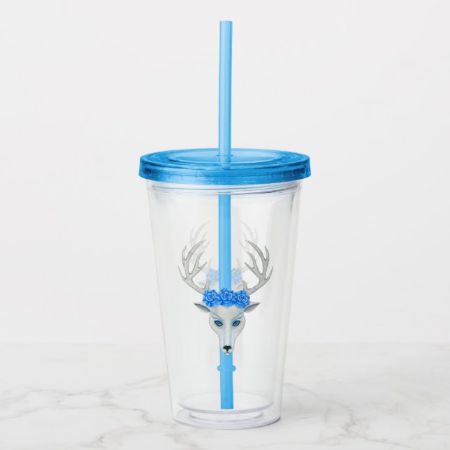 Verre En Acrylique Imaginaire Cerf Blanc Antlers Joli Roses Bleu (Devant)