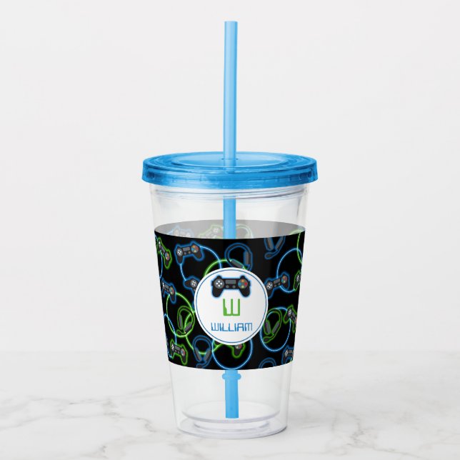 Verre En Acrylique Jeu vidéo Neon Blue & Green Motif Monogramme (Devant)