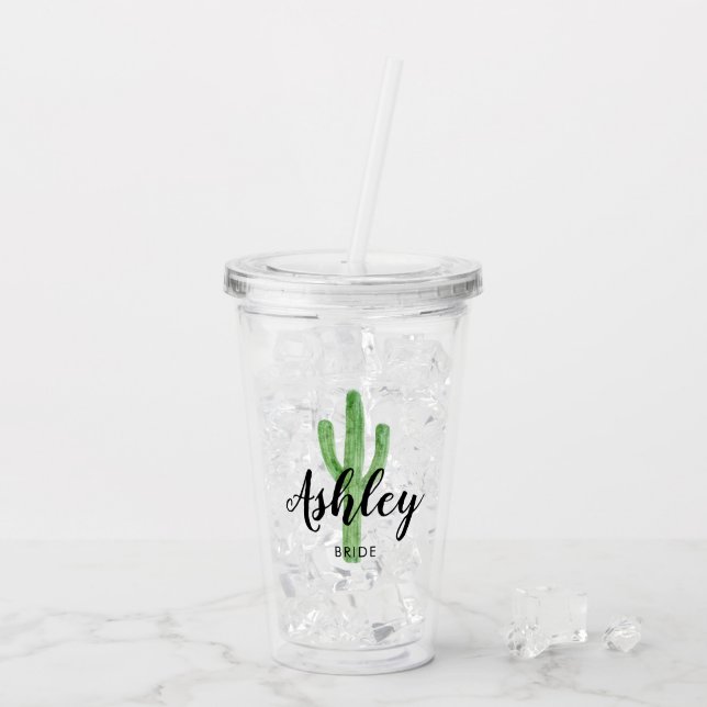 Verre En Acrylique Jeune mariée personnalisée par cactus d'aquarelle (Dos glace)